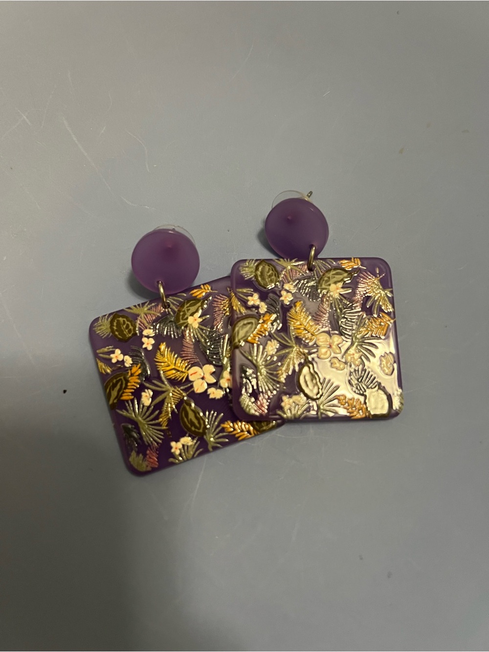 Purple Floral Gold-Accent Drop Earrings